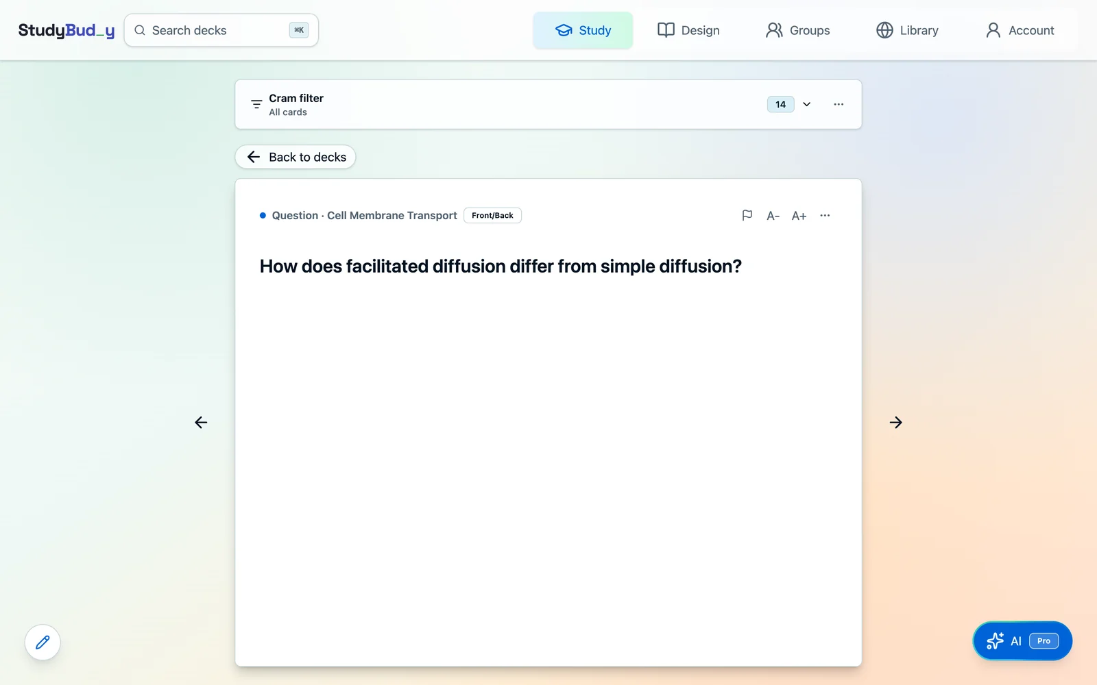 A StudyBuddy cram session showing a question and answer with a next-card control and no rating buttons