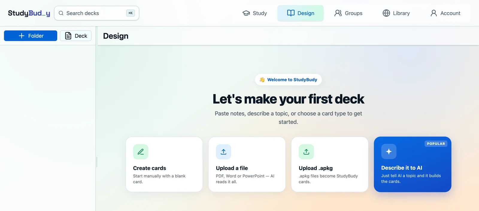 The StudyBuddy Design tab with four deck creation options including Upload .apkg for Anki deck packages