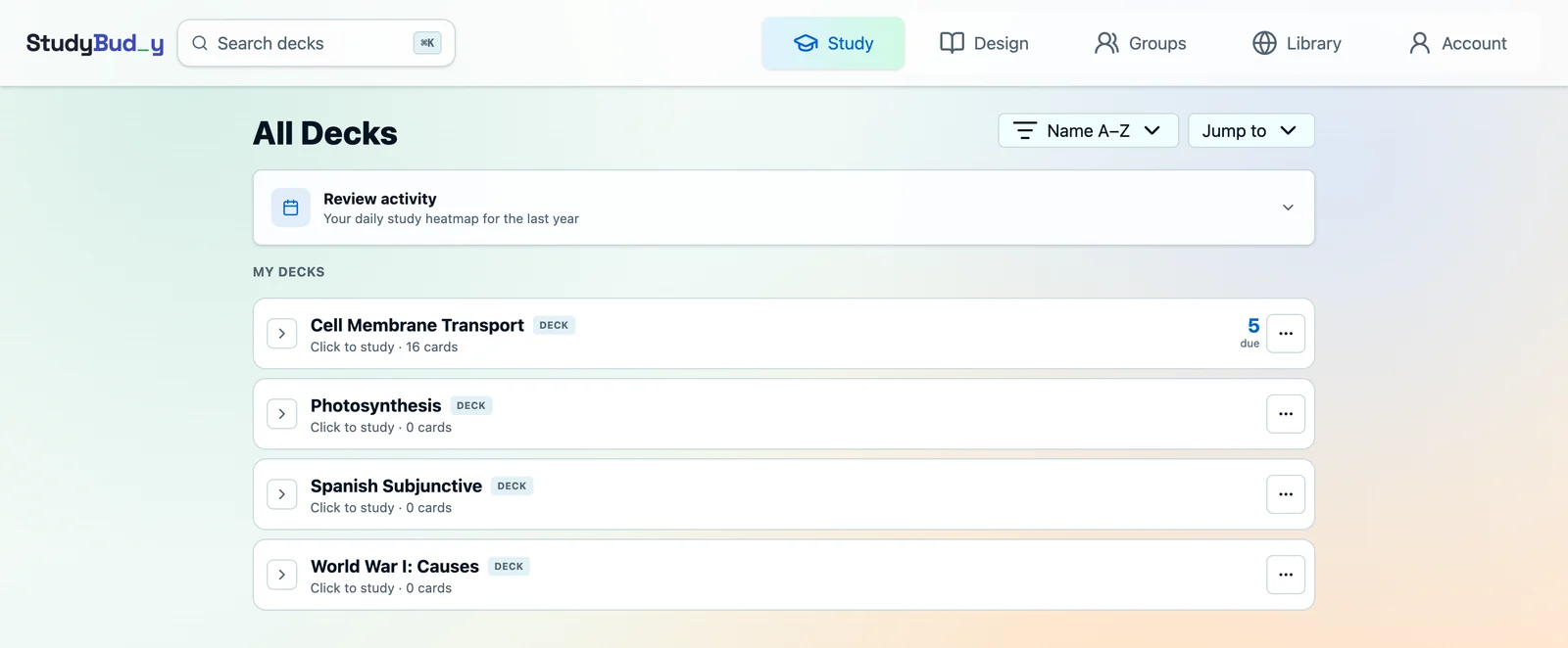 The StudyBuddy study tab showing a deck list with per-deck due counts and a review activity heatmap
