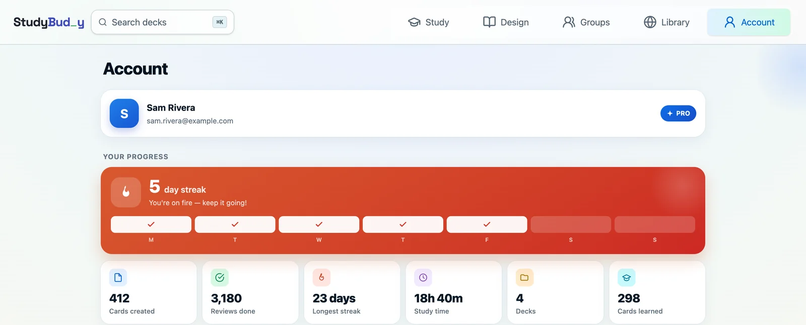 The StudyBuddy account screen showing a five-day streak with the week marked off, alongside cards created, reviews done, longest streak, study time and cards learned