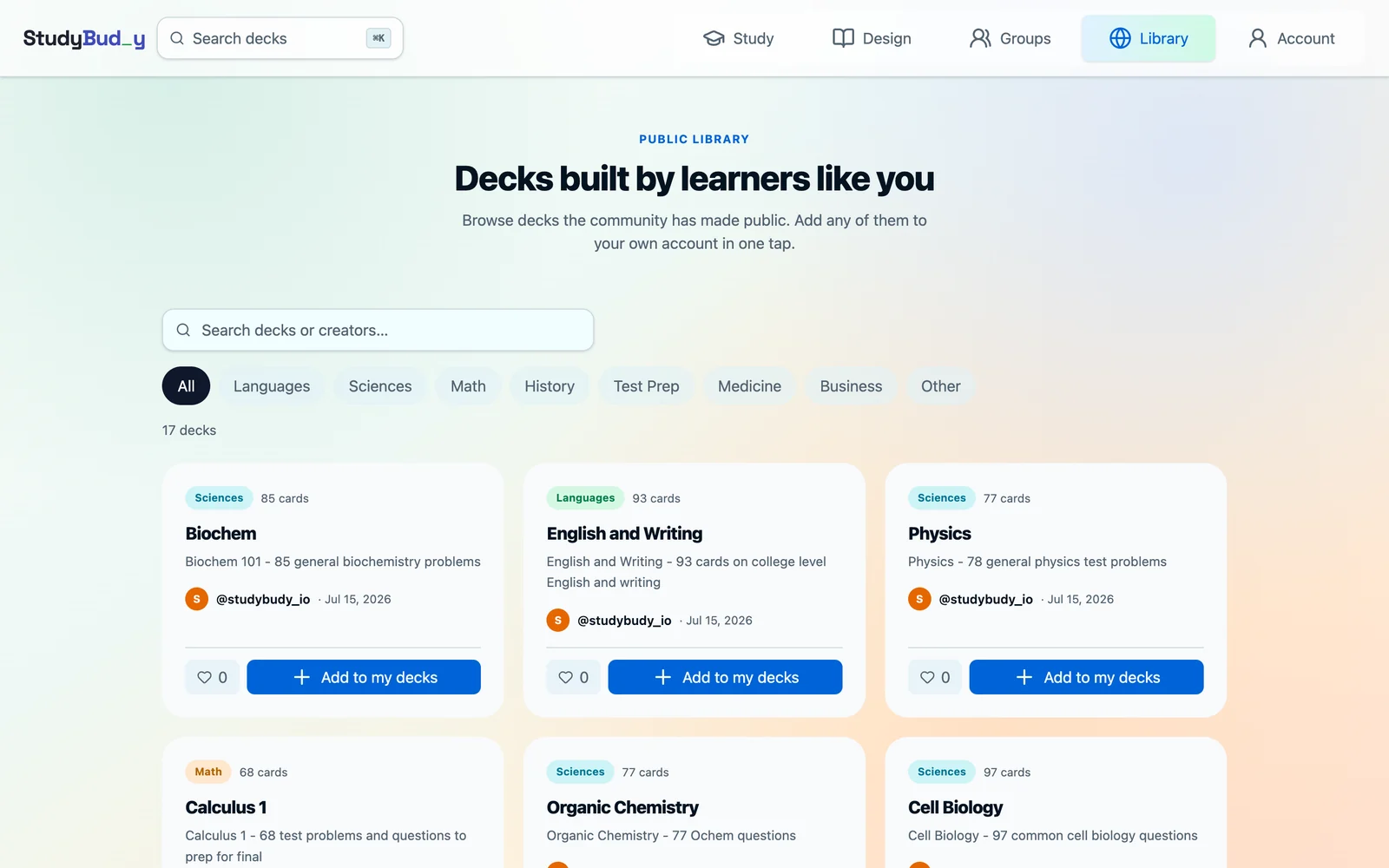 The StudyBuddy public library showing community-published decks with categories, card counts and creator handles