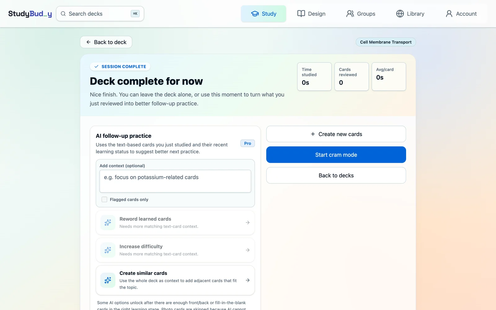 The StudyBuddy end-of-session screen showing time studied, cards reviewed, average per card, and follow-up practice options