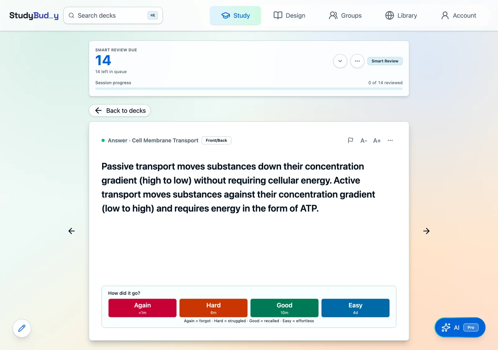 A StudyBuddy review card with the answer revealed and four rating buttons showing intervals: Again under 1 minute, Hard 6 minutes, Good 10 minutes, Easy 4 days